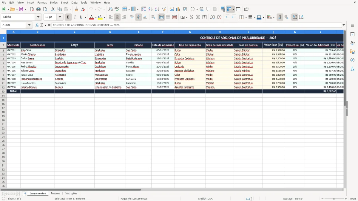 Skärmbild 1: fliken Lançamentos - Excelmall calculo de adicional de insalubridade excel