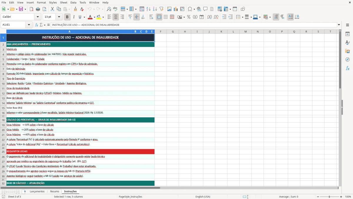 Skärmbild 3: fliken Instruções - Excelmall calculo de adicional de insalubridade excel