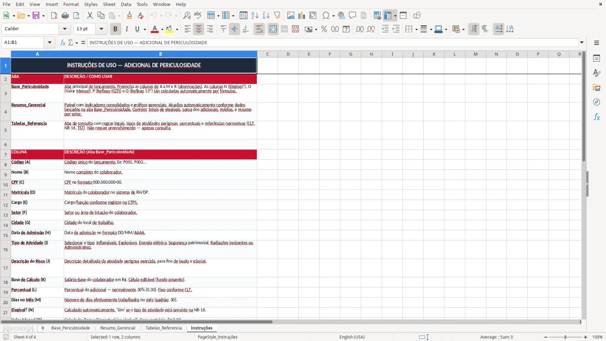 Skärmbild 4: fliken Instruções - Excelmall calculo de adicional de periculosidade excel