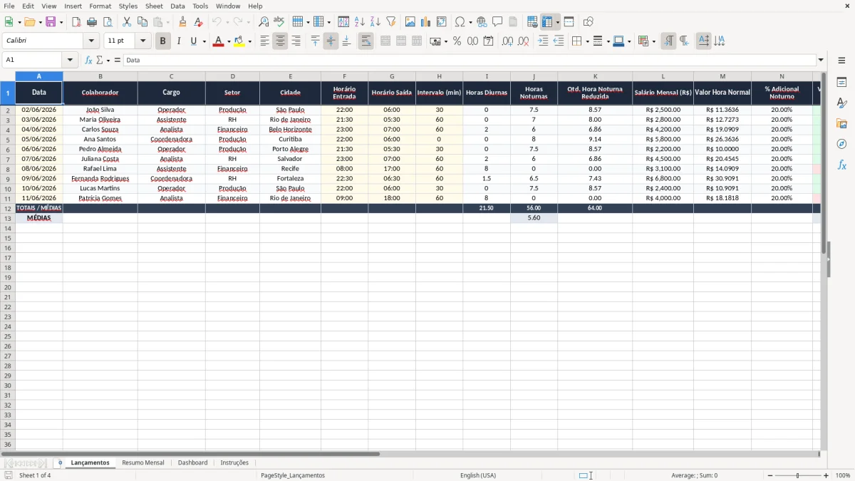 Skärmbild 1: fliken Lançamentos - Excelmall calculo de adicional noturno excel