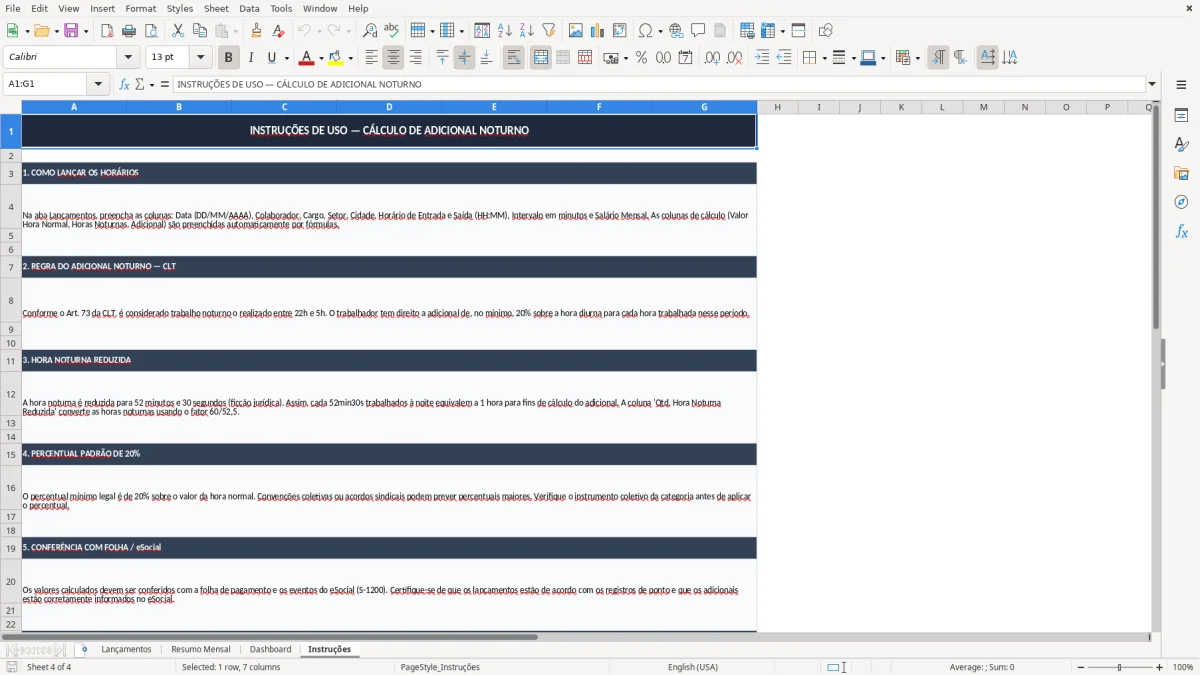 Skärmbild 4: fliken Instruções - Excelmall calculo de adicional noturno excel