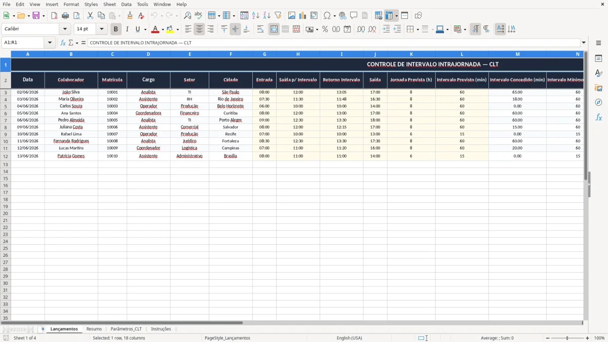 Captura 1: aba Lançamentos - Planilha Excel calculo de intervalo intrajornada excel