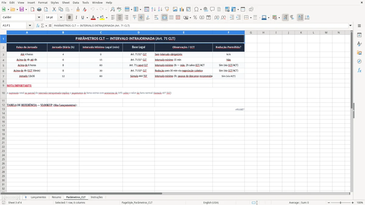 Captura 3: aba Parâmetros_CLT - Planilha Excel calculo de intervalo intrajornada excel