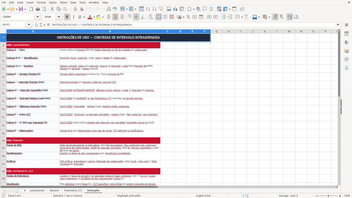 Captura 4: aba Instruções - Planilha Excel calculo de intervalo intrajornada excel