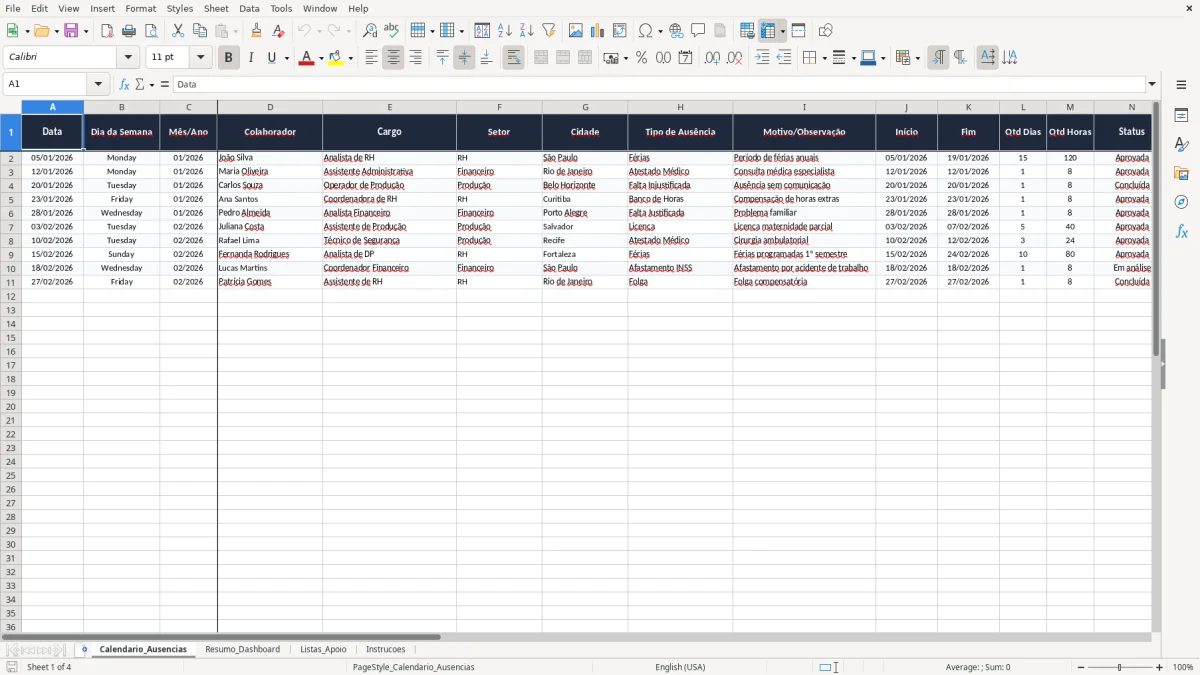 Captura 1: aba Calendario_Ausencias - Planilha Excel calendario de ausencias da equipe excel