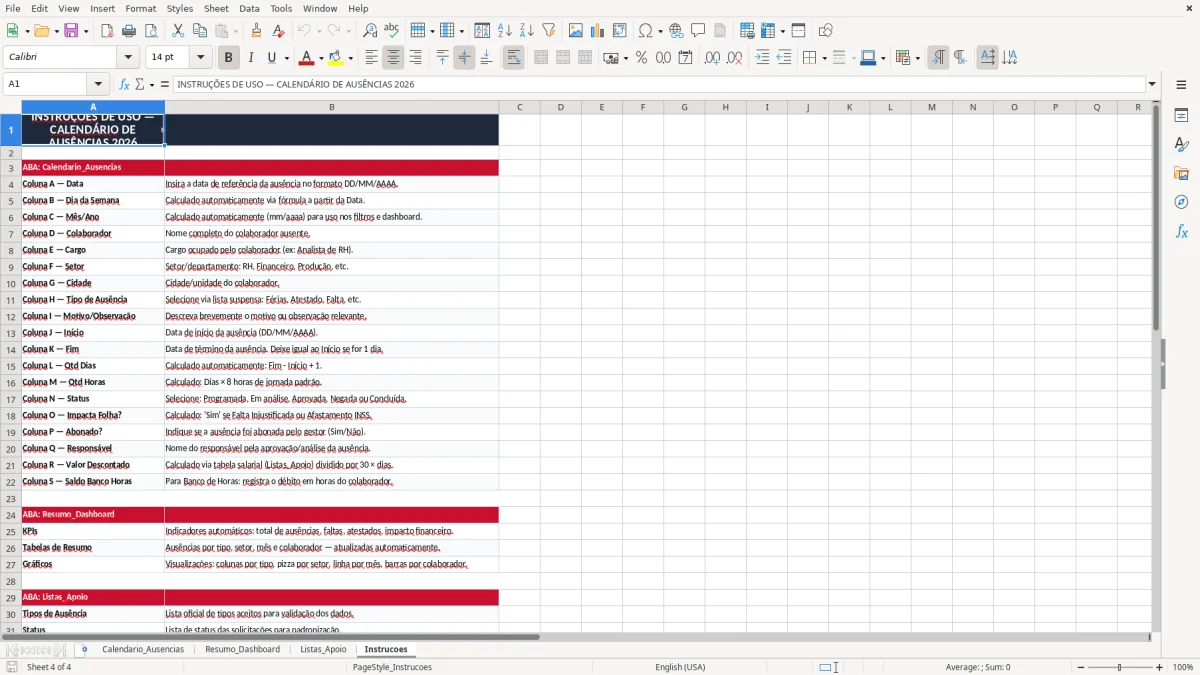Captura 4: aba Instrucoes - Planilha Excel calendario de ausencias da equipe excel