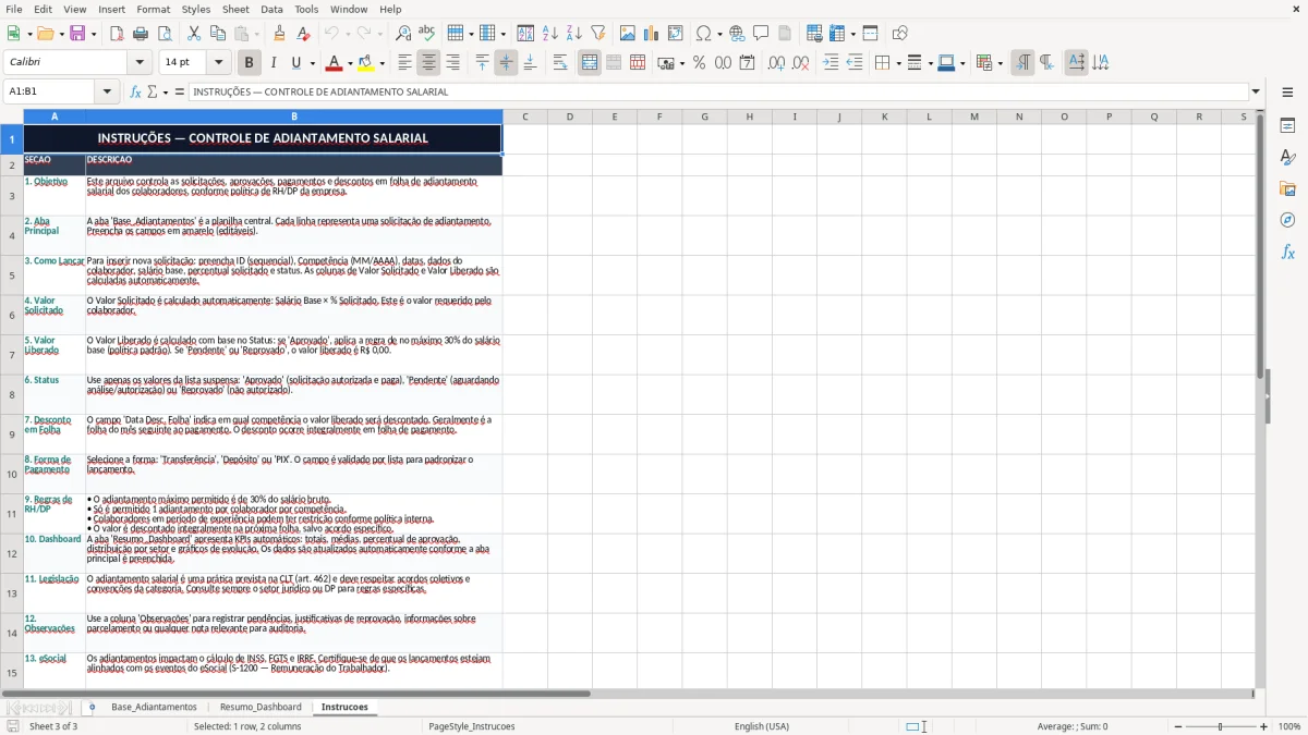 Captura 3: aba Instrucoes - Planilha Excel controle de adiantamento salarial excel