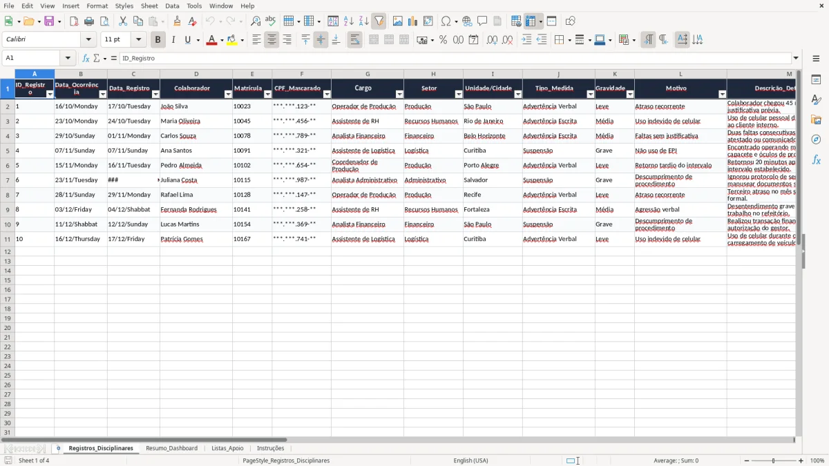 Captura 1: aba Registros_Disciplinares - Planilha Excel controle de advertencias e suspensoes excel