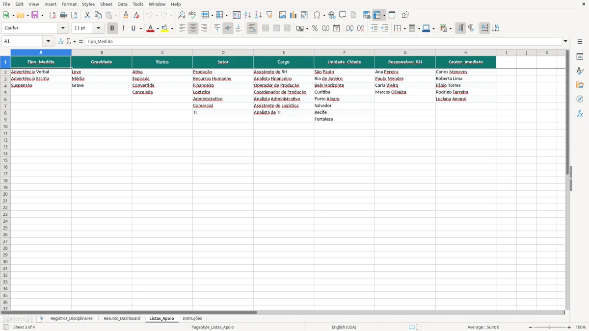 Captura 3: aba Listas_Apoio - Planilha Excel controle de advertencias e suspensoes excel