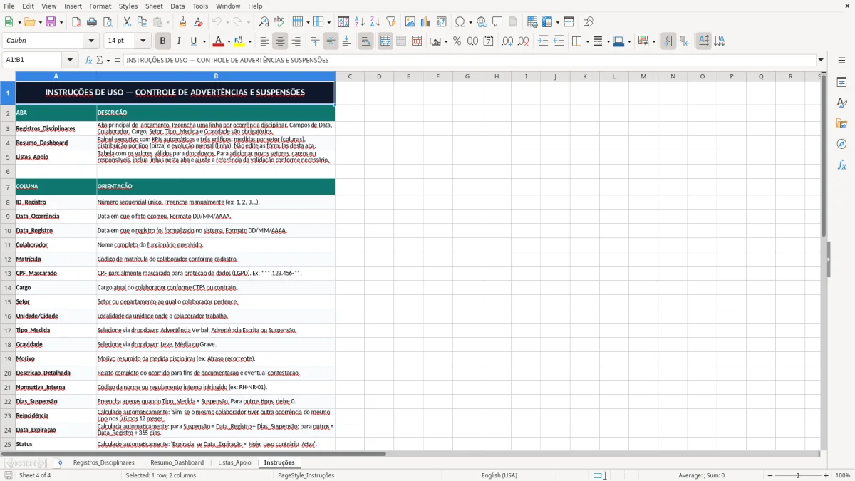 Captura 4: aba Instruções - Planilha Excel controle de advertencias e suspensoes excel