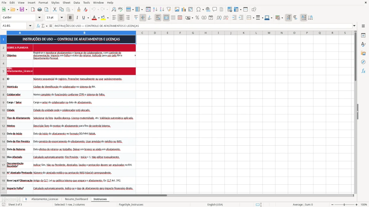 Captura 3: aba Instrucoes - Planilha Excel controle de afastamentos e licencas excel