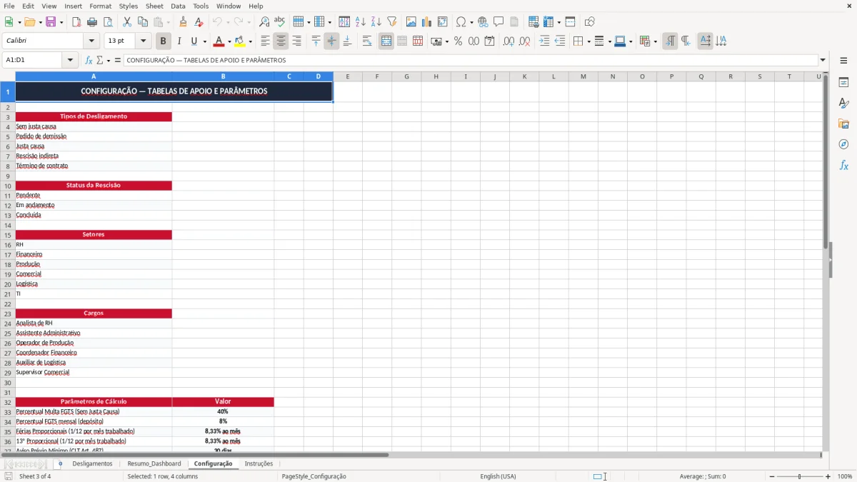 Captura 3: aba Configuração - Planilha Excel controle de desligamento de funcionario excel