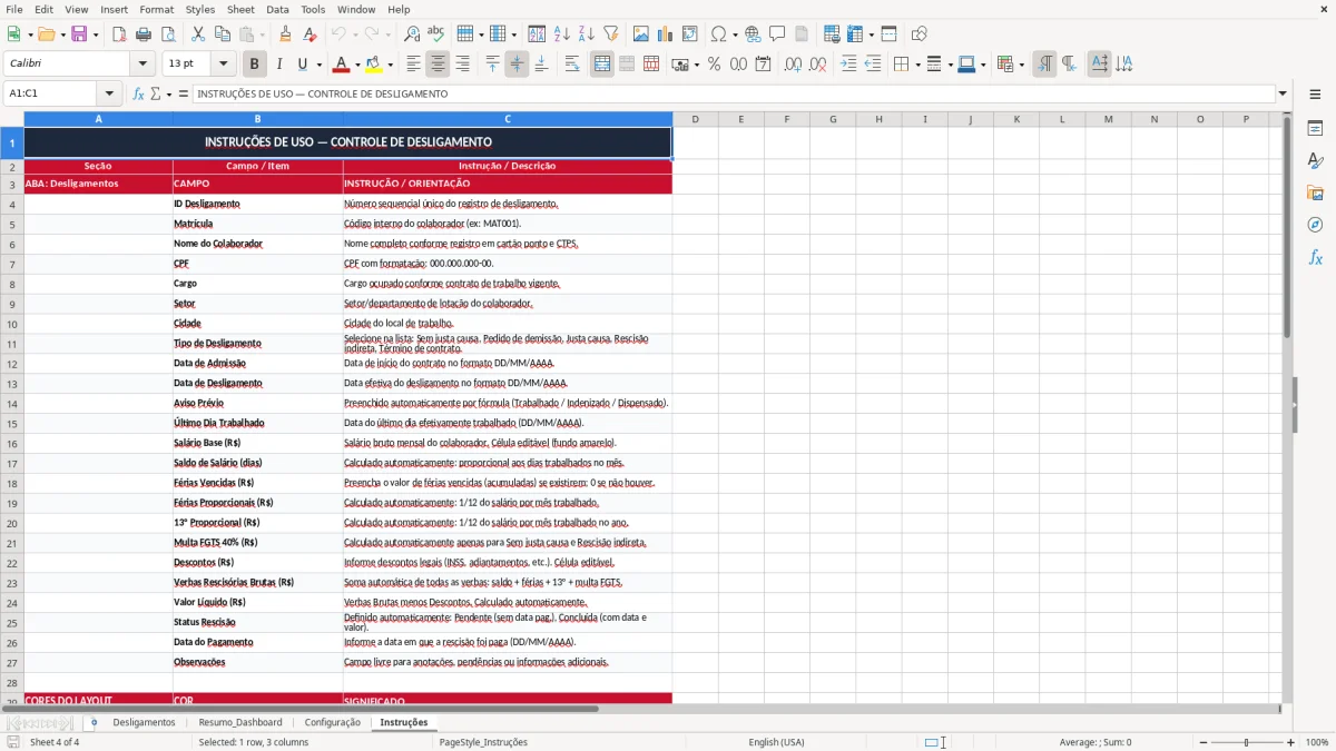 Captura 4: aba Instruções - Planilha Excel controle de desligamento de funcionario excel