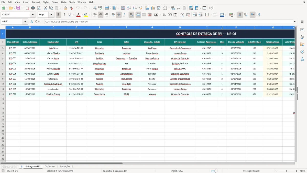 Captura 1: aba Entrega de EPI - Planilha Excel controle de entrega de epi excel