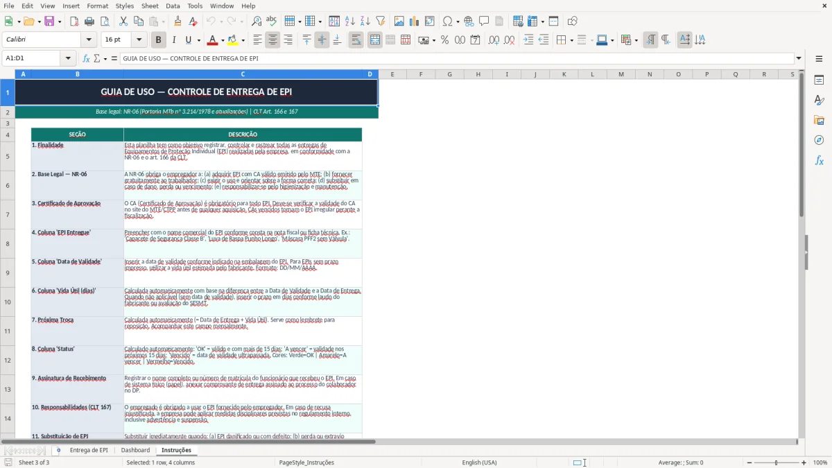 Captura 3: aba Instruções - Planilha Excel controle de entrega de epi excel