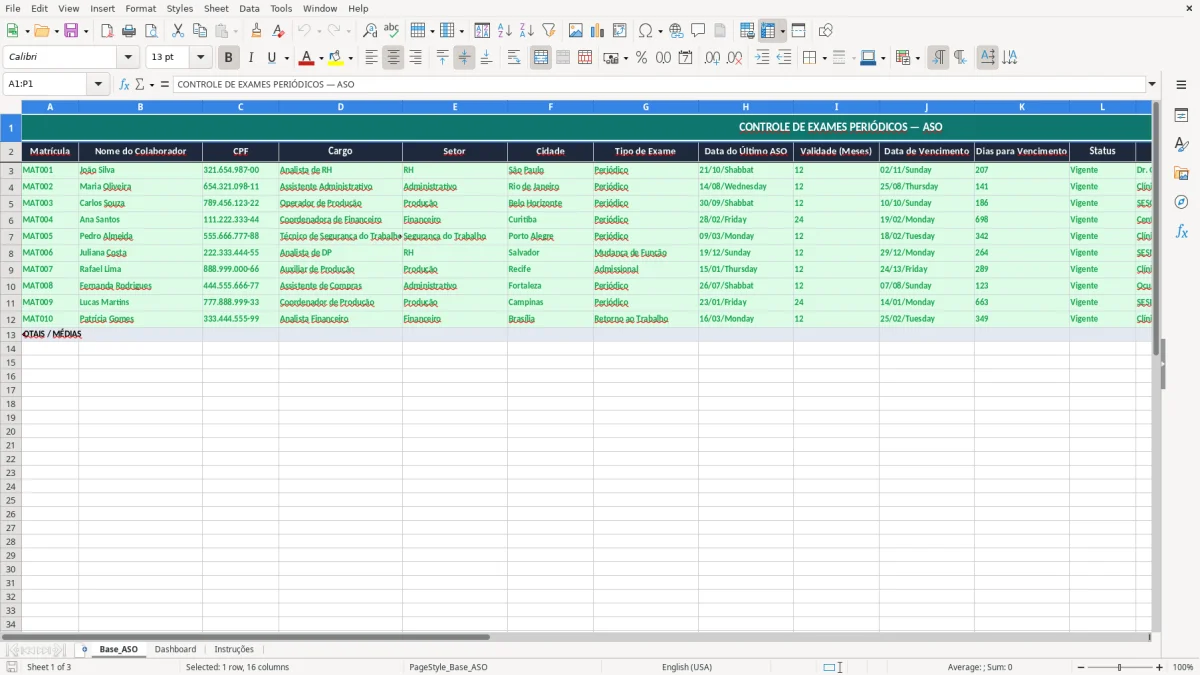 Captura 1: aba Base_ASO - Planilha Excel controle de exames periodicos aso excel
