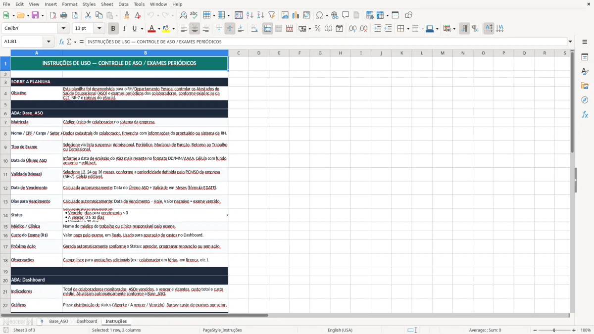 Captura 3: aba Instruções - Planilha Excel controle de exames periodicos aso excel