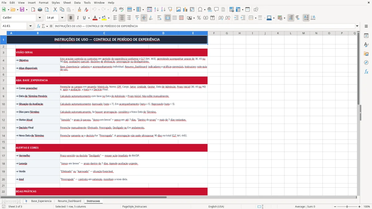 Captura 3: aba Instrucoes - Planilha Excel controle de periodo de experiencia excel