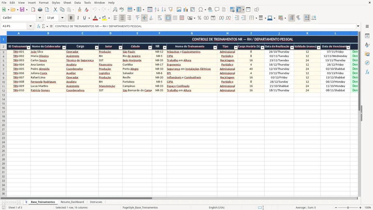 Captura 1: aba Base_Treinamentos - Planilha Excel controle de treinamentos nr excel