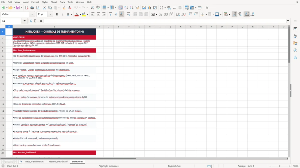Captura 3: aba Instrucoes - Planilha Excel controle de treinamentos nr excel