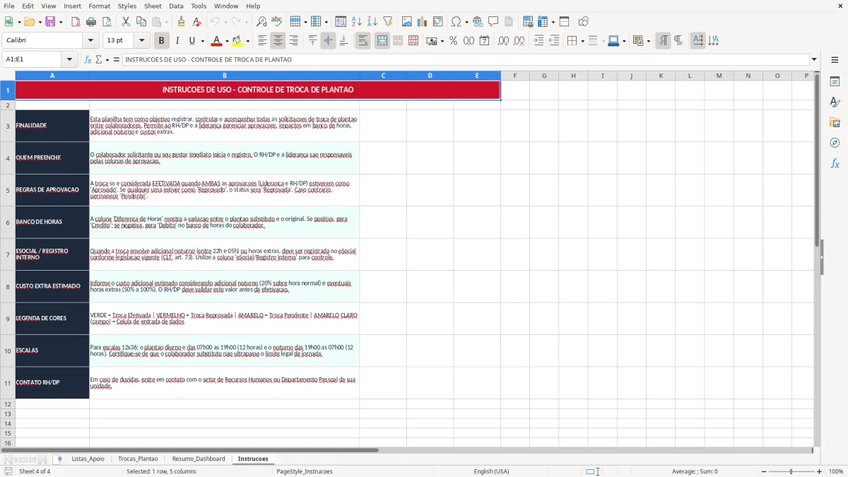 Captura 4: aba Instrucoes - Planilha Excel controle de troca de plantao excel