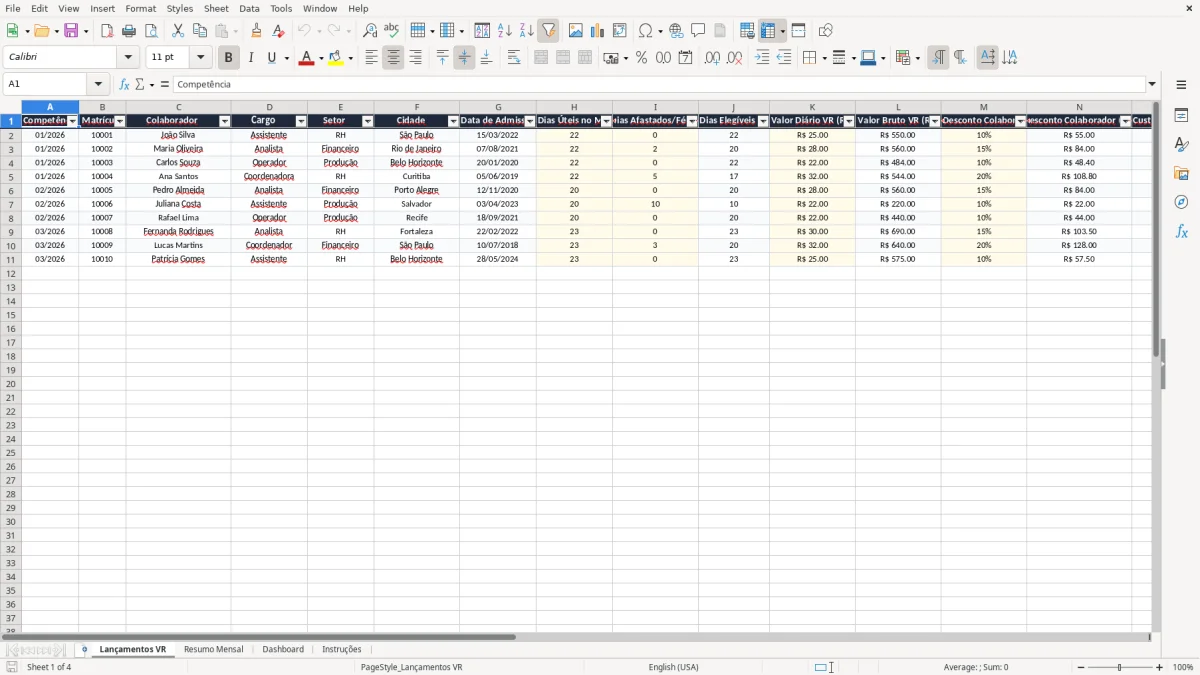Captura 1: aba Lançamentos VR - Planilha Excel controle de vale refeicao excel