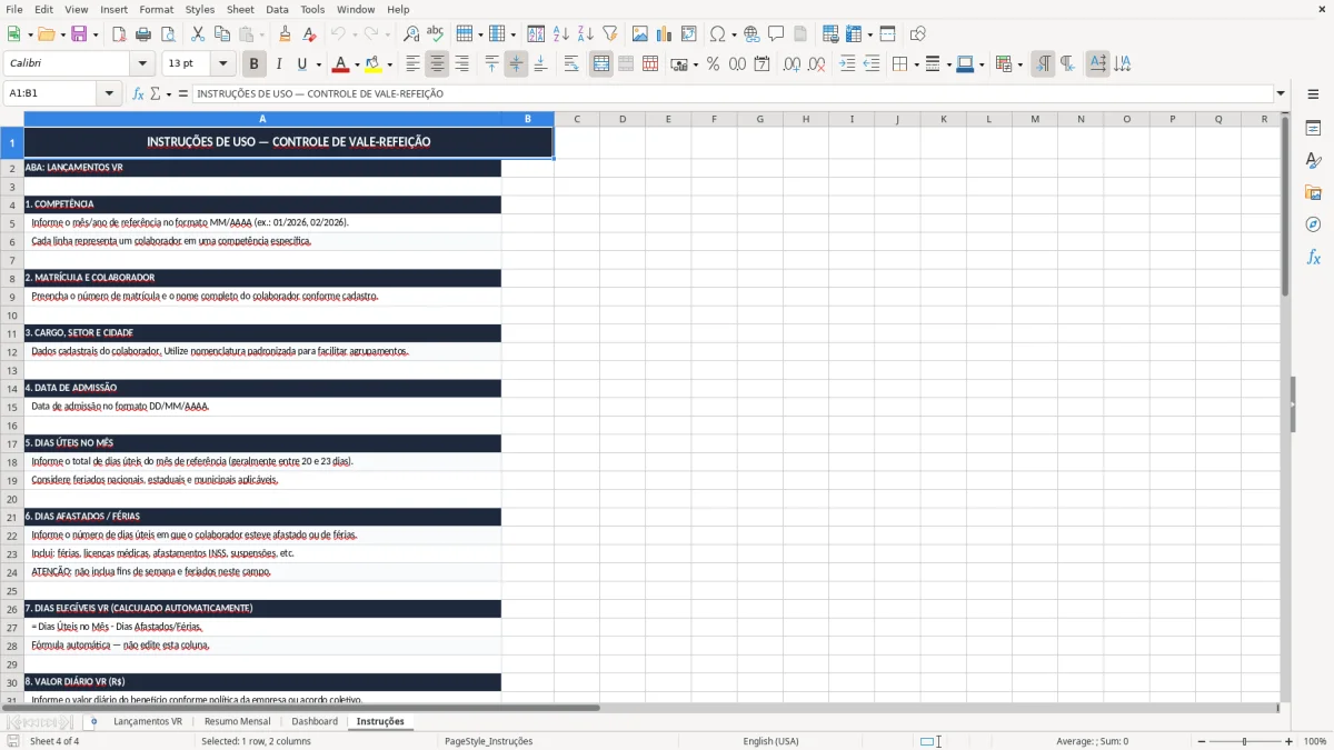 Captura 4: aba Instruções - Planilha Excel controle de vale refeicao excel