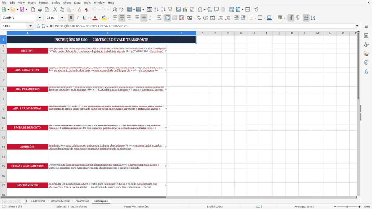 Captura 4: aba Instruções - Planilha Excel controle de vale transporte excel