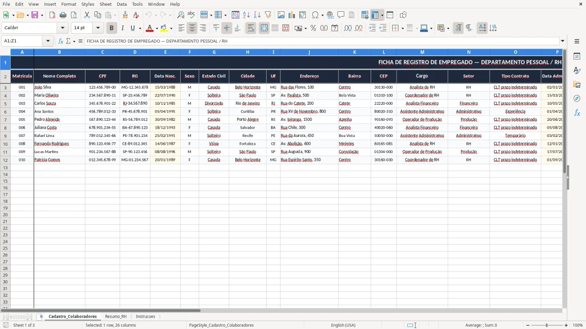 Captura 1: aba Cadastro_Colaboradores - Planilha Excel ficha de registro de empregado excel