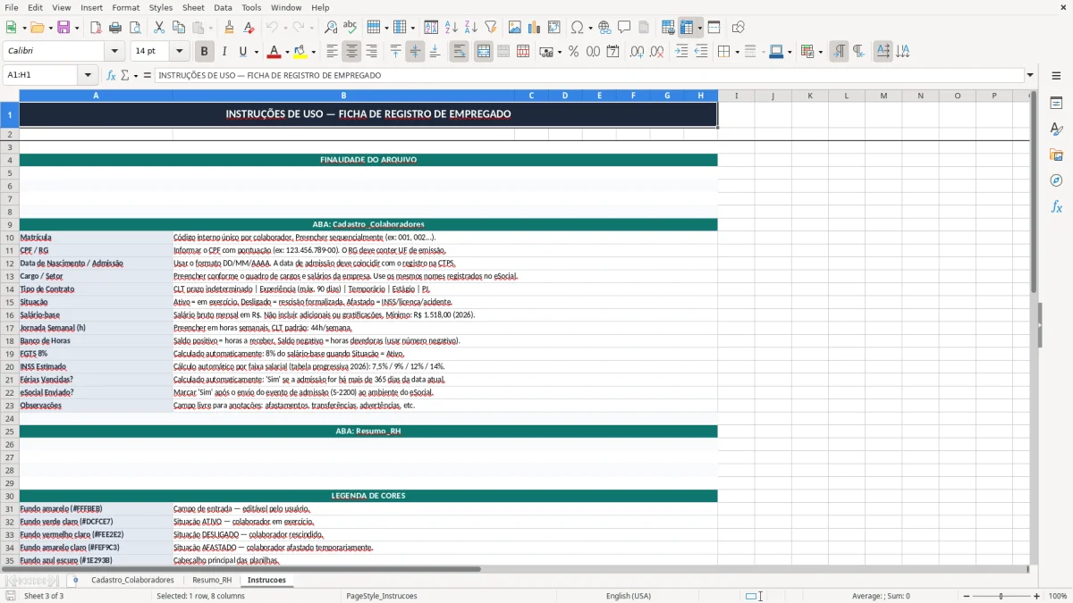 Captura 3: aba Instrucoes - Planilha Excel ficha de registro de empregado excel