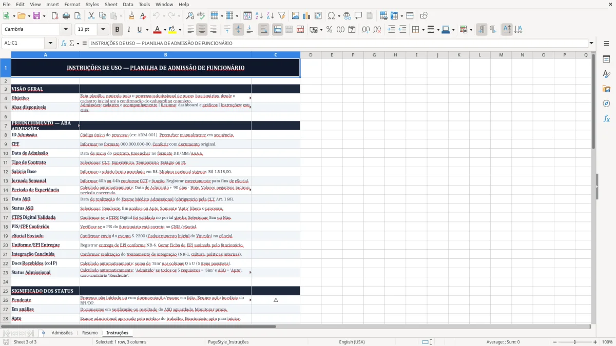 Captura 3: aba Instruções - Planilha Excel planilha de admissao de funcionario excel