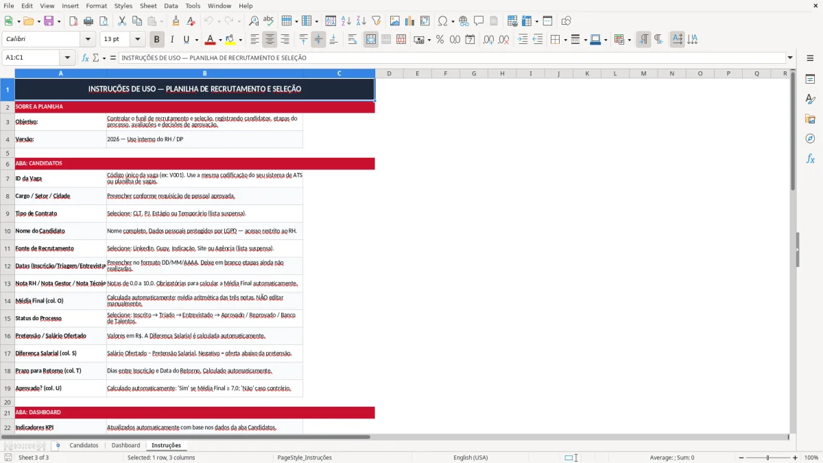 Captura 3: aba Instruções - Planilha Excel planilha de recrutamento e selecao excel