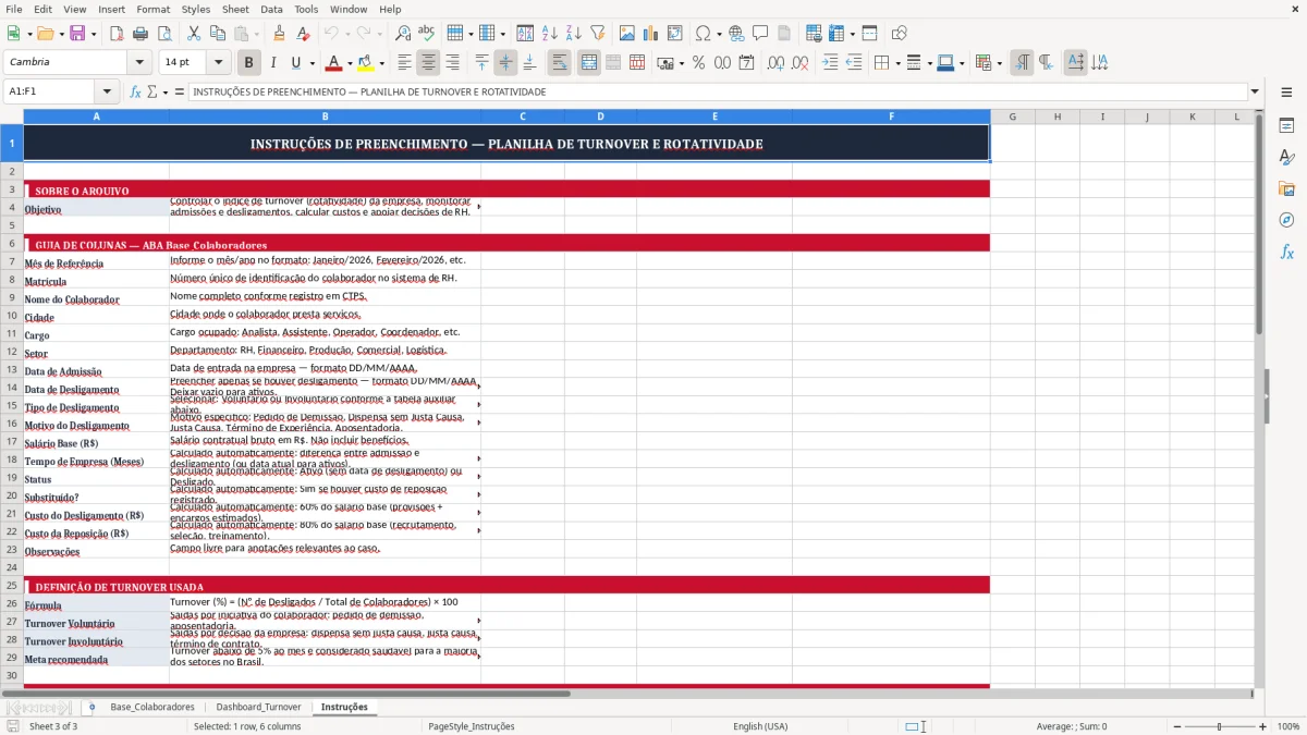 Captura 3: aba Instruções - Planilha Excel planilha de turnover e rotatividade excel