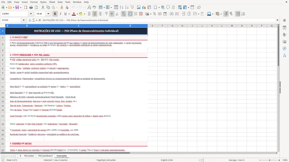 Captura 3: aba Instruções - Planilha Excel plano de desenvolvimento individual pdi excel