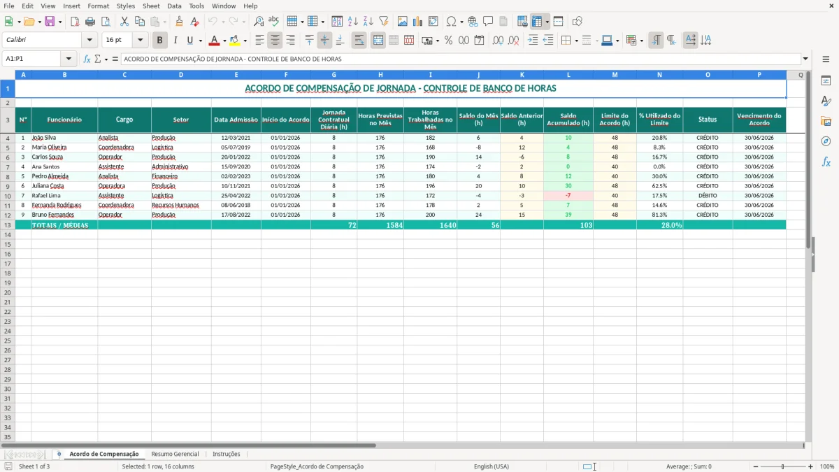 Captura 1: aba Acordo de Compensação - Planilha Excel acordo de compensacao de jornada excel