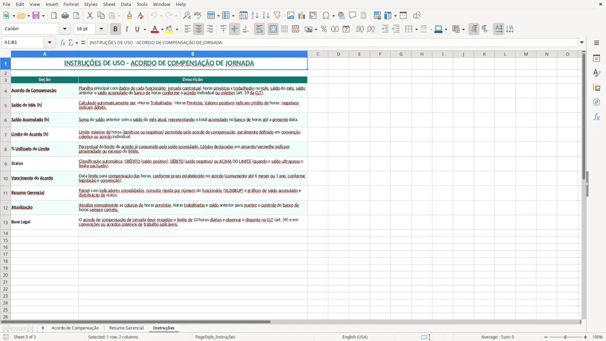 Captura 3: aba Instruções - Planilha Excel acordo de compensacao de jornada excel