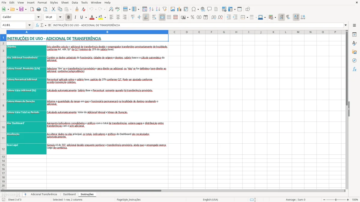 Captura 3: aba Instruções - Planilha Excel calculo de adicional de transferencia excel