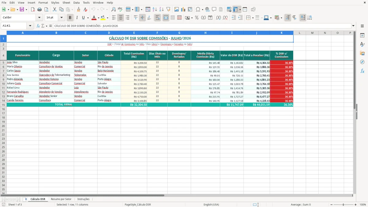 Captura 1: aba Cálculo DSR - Planilha Excel calculo de dsr sobre comissoes excel