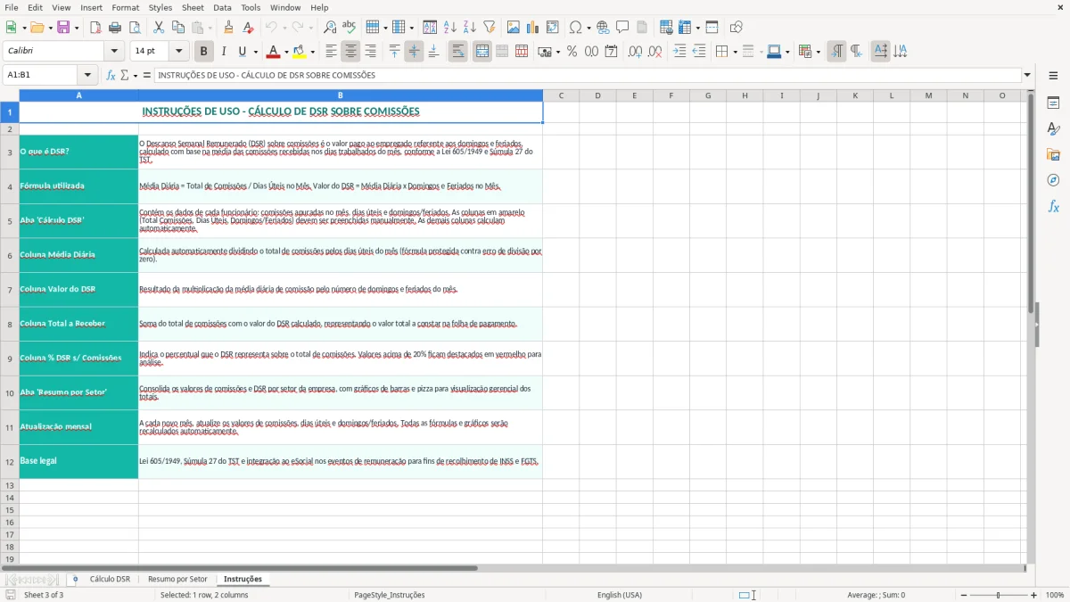 Captura 3: aba Instruções - Planilha Excel calculo de dsr sobre comissoes excel