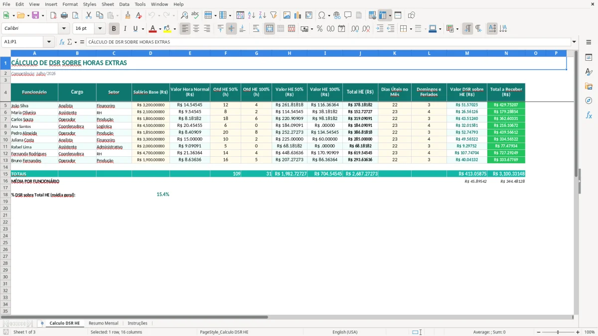 Captura 1: aba Calculo DSR HE - Planilha Excel calculo de dsr sobre horas extras excel