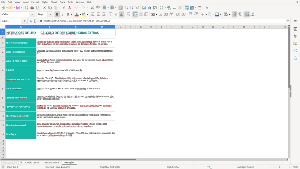 Captura 3: aba Instruções - Planilha Excel calculo de dsr sobre horas extras excel