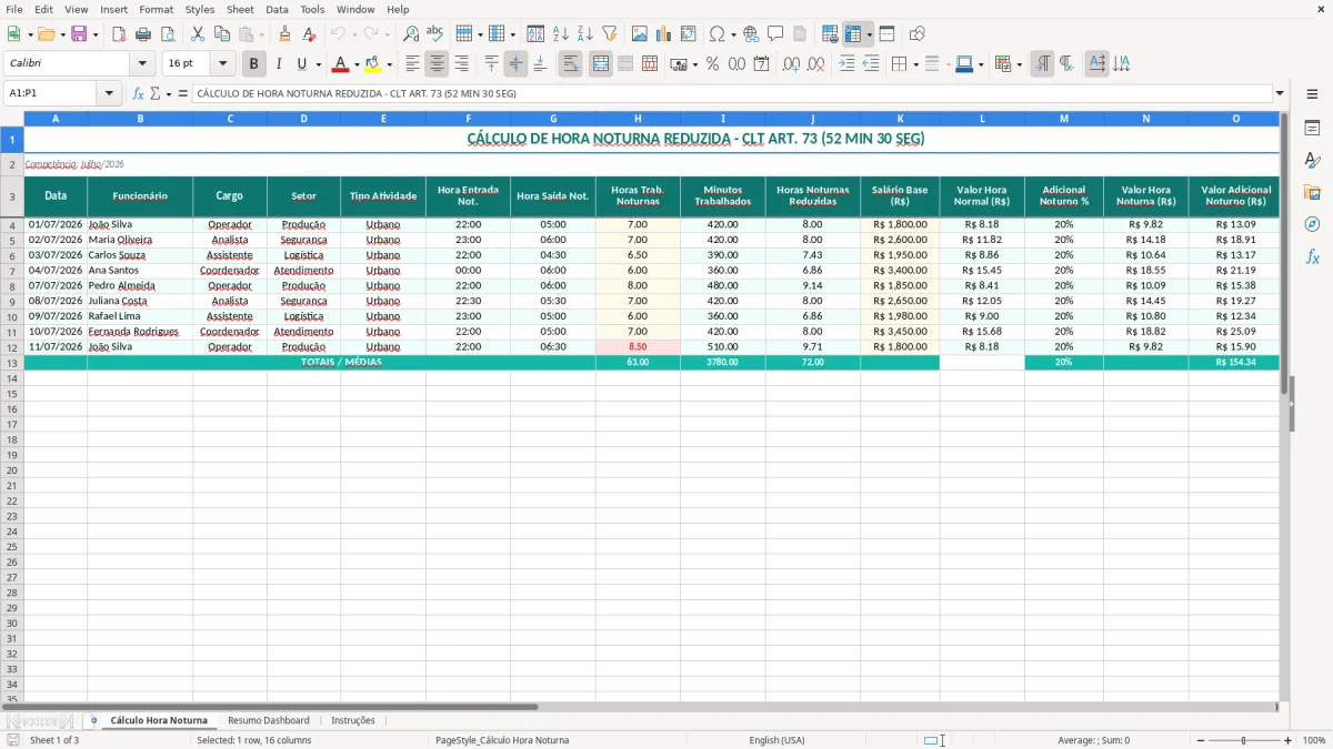 Captura 1: aba Cálculo Hora Noturna - Planilha Excel calculo de hora noturna reduzida excel