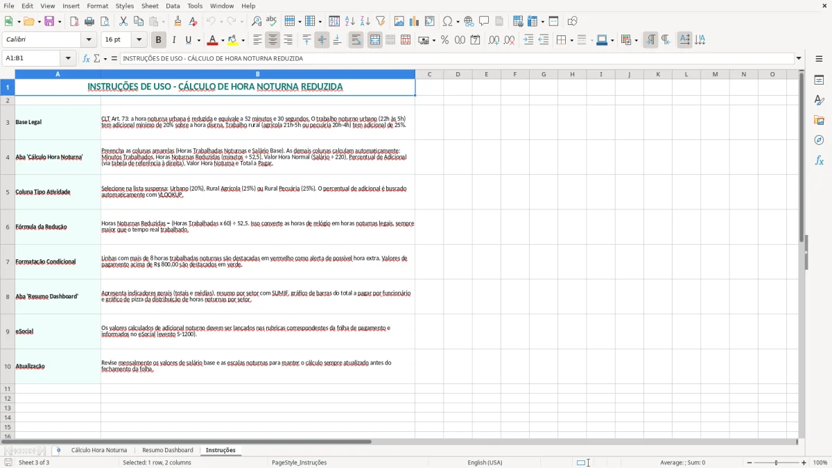 Captura 3: aba Instruções - Planilha Excel calculo de hora noturna reduzida excel