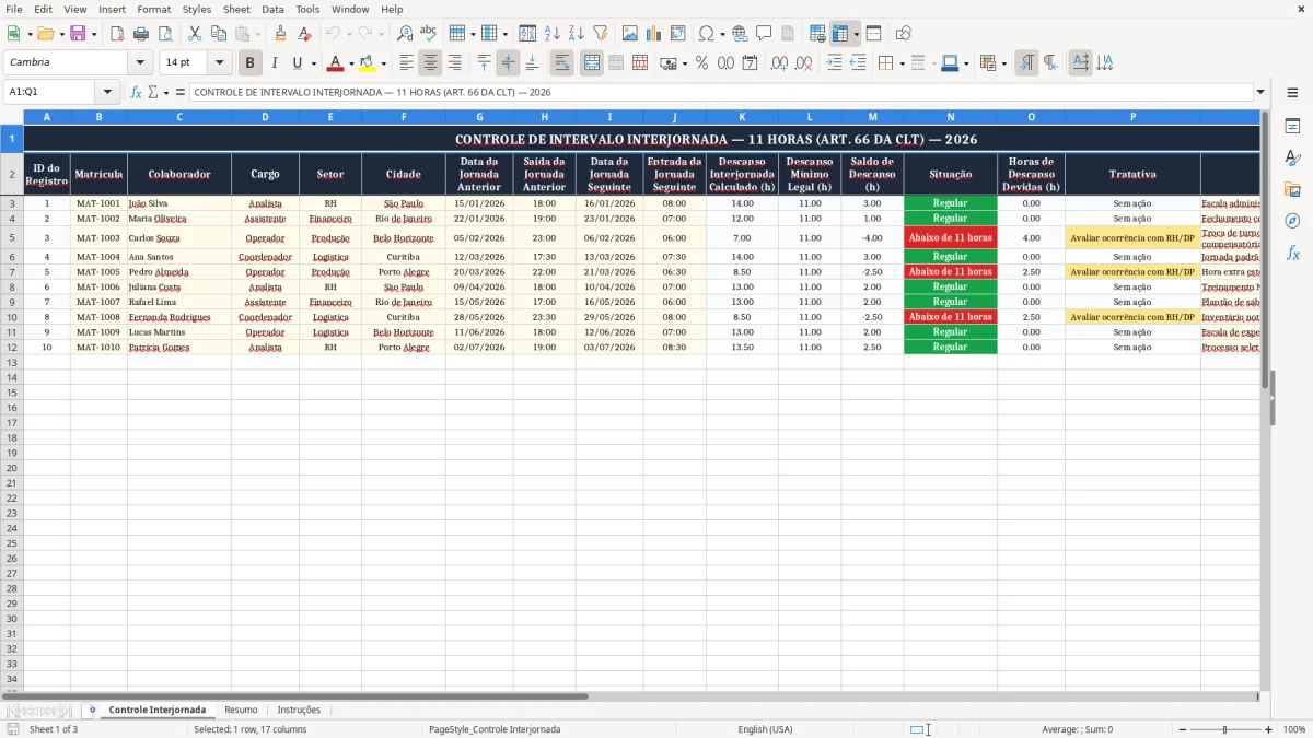 Captura 1: aba Controle Interjornada - Planilha Excel calculo de intervalo interjornada de 11 horas excel