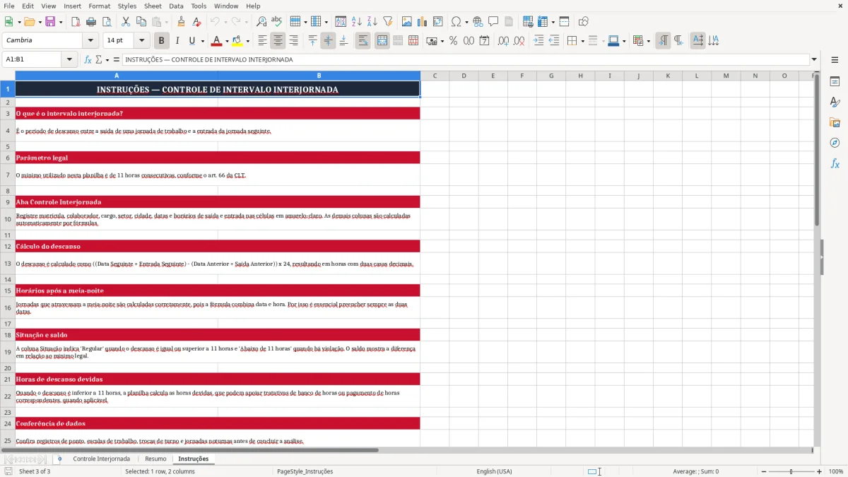 Captura 3: aba Instruções - Planilha Excel calculo de intervalo interjornada de 11 horas excel