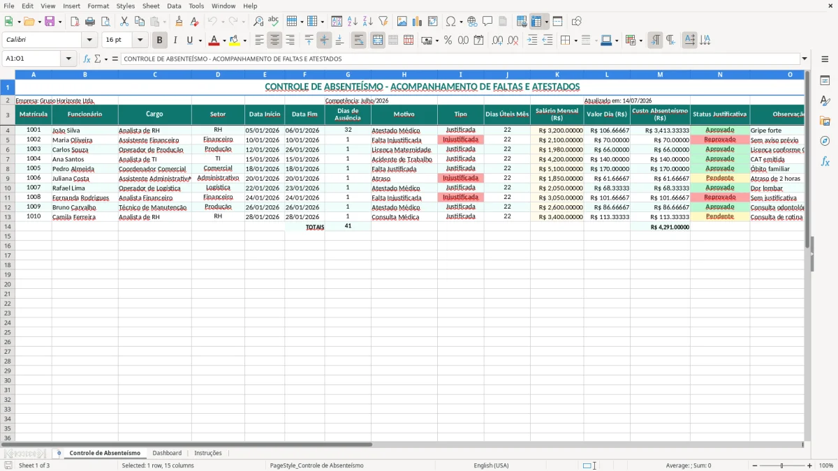 Captura 1: aba Controle de Absenteísmo - Planilha Excel controle de absenteismo excel