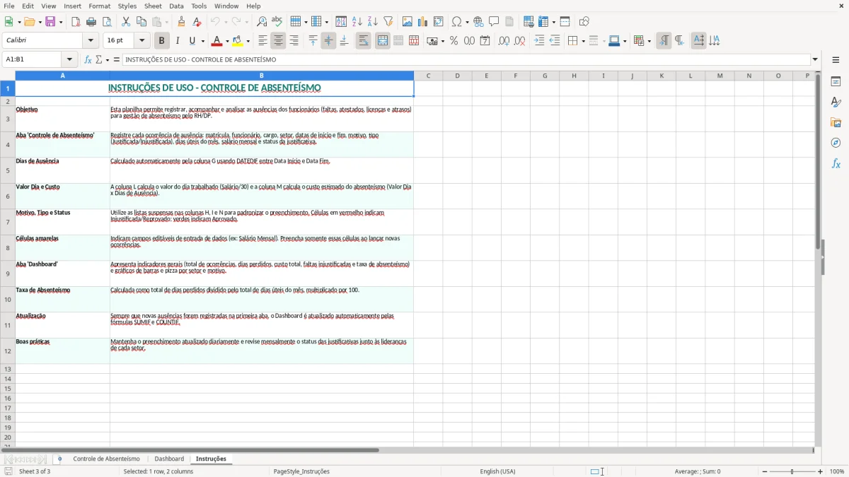 Captura 3: aba Instruções - Planilha Excel controle de absenteismo excel