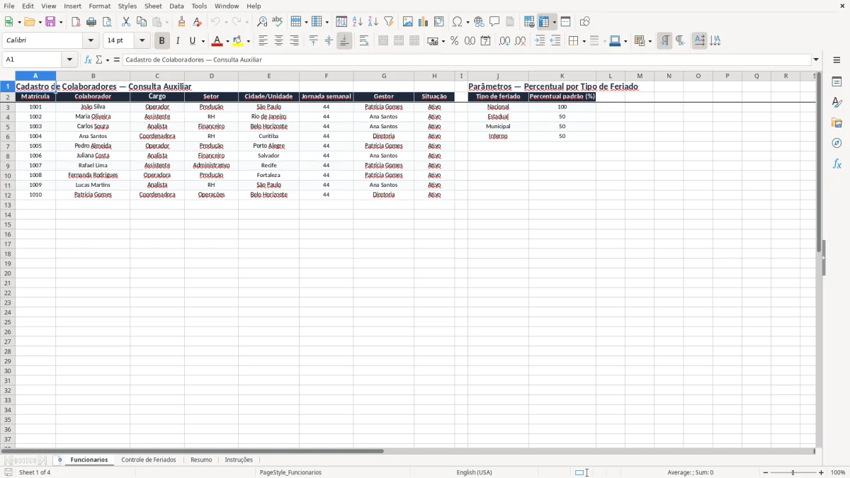Captura 1: aba Funcionarios - Planilha Excel controle de compensacao de feriados excel