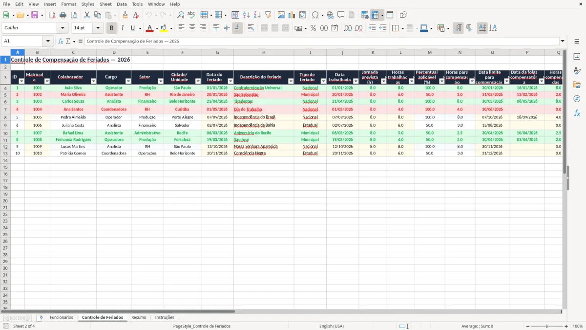 Captura 2: aba Controle de Feriados - Planilha Excel controle de compensacao de feriados excel