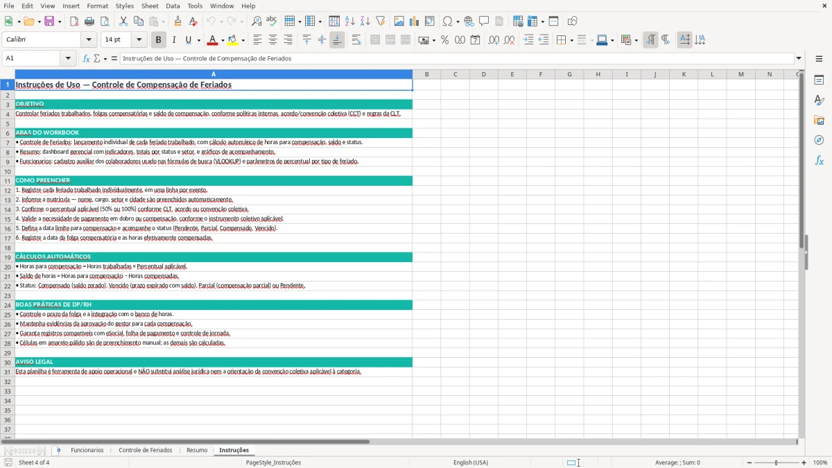Captura 4: aba Instruções - Planilha Excel controle de compensacao de feriados excel